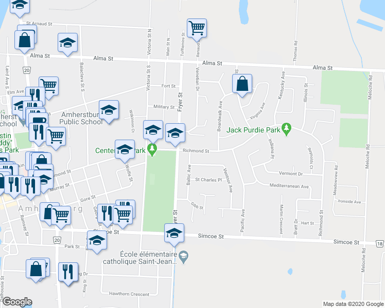 map of restaurants, bars, coffee shops, grocery stores, and more near 423 Richmond Street in Amherstburg