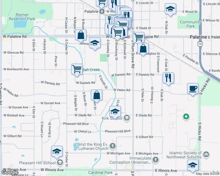 map of restaurants, bars, coffee shops, grocery stores, and more near 236 South Greeley Street in Palatine