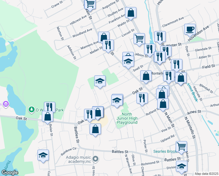map of restaurants, bars, coffee shops, grocery stores, and more near 83 Martland Avenue in Brockton