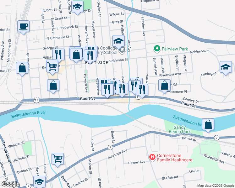 map of restaurants, bars, coffee shops, grocery stores, and more near 6 Bigelow Street in Binghamton