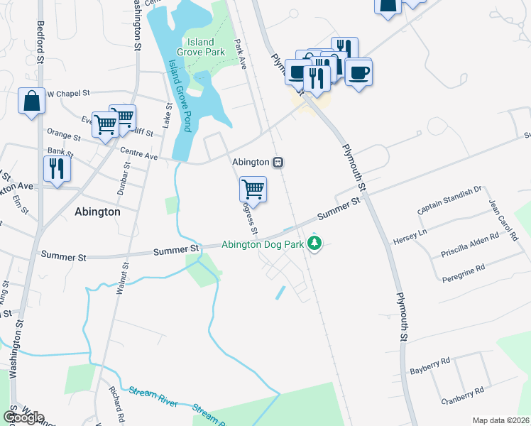map of restaurants, bars, coffee shops, grocery stores, and more near 412 Summer Street in Abington