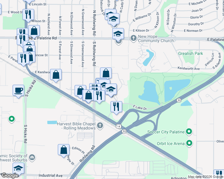 map of restaurants, bars, coffee shops, grocery stores, and more near 900 East Wilmette Road in Palatine