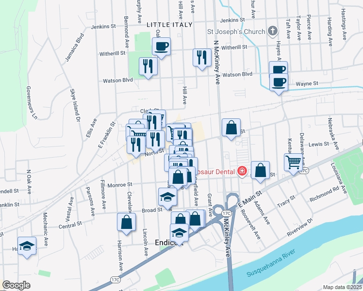 map of restaurants, bars, coffee shops, grocery stores, and more near 1301 North Street in Endicott