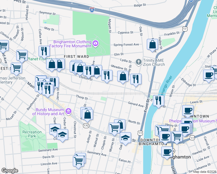 map of restaurants, bars, coffee shops, grocery stores, and more near 7 Titchener Place in Binghamton