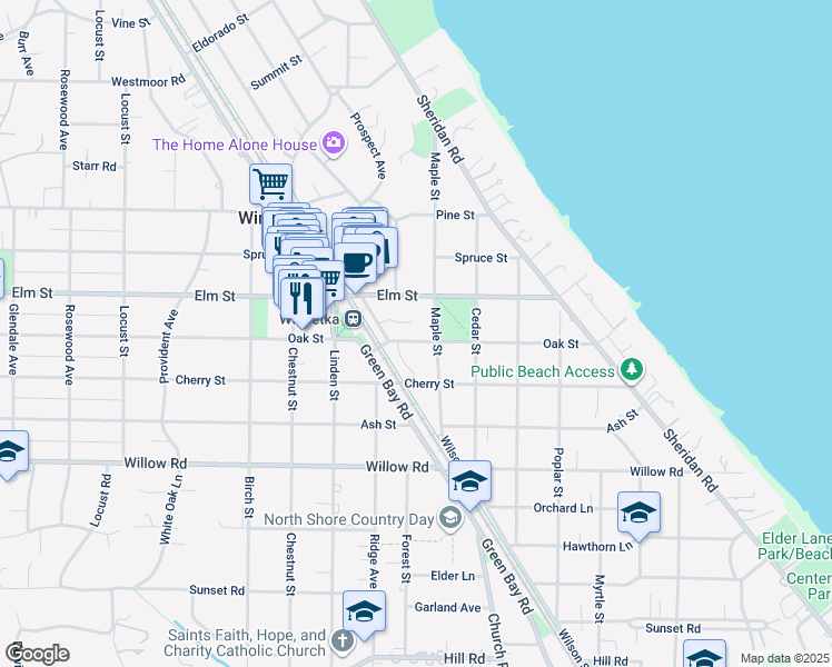 map of restaurants, bars, coffee shops, grocery stores, and more near 705 Oak Street in Winnetka