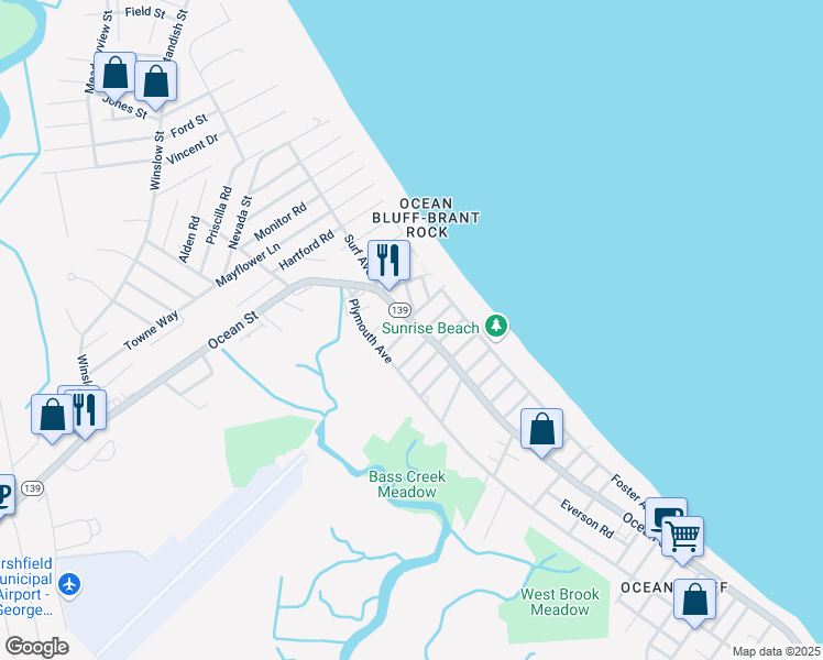map of restaurants, bars, coffee shops, grocery stores, and more near 840 Ocean Street in Marshfield