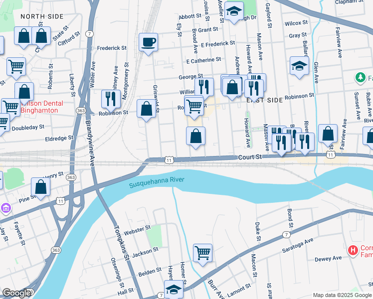 map of restaurants, bars, coffee shops, grocery stores, and more near 347 Court Street in Binghamton