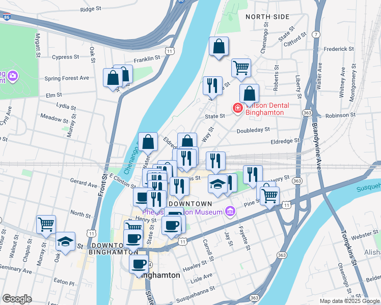 map of restaurants, bars, coffee shops, grocery stores, and more near 10 Eldredge Street in Binghamton