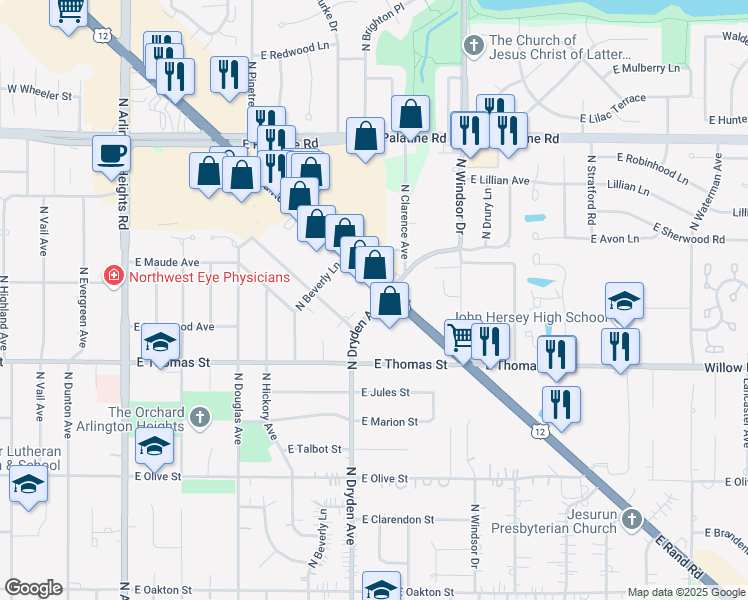 map of restaurants, bars, coffee shops, grocery stores, and more near 1125 East Rand Road in Arlington Heights