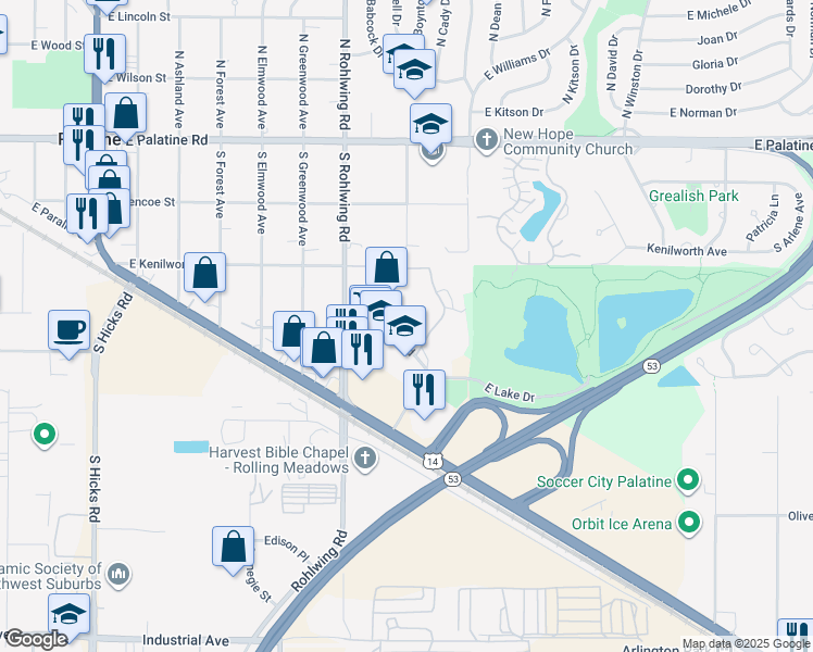 map of restaurants, bars, coffee shops, grocery stores, and more near 900 East Wilmette Road in Palatine