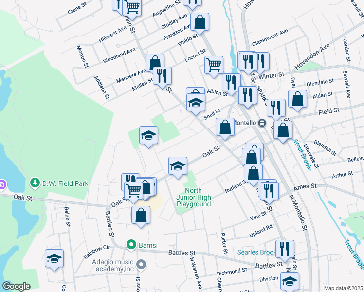map of restaurants, bars, coffee shops, grocery stores, and more near 67 Martland Avenue in Brockton