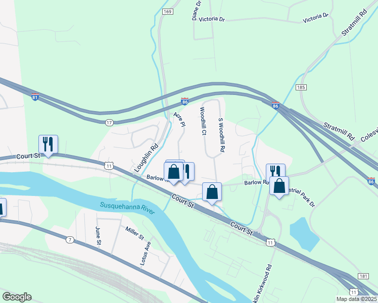 map of restaurants, bars, coffee shops, grocery stores, and more near 17 Woodhill Court in Binghamton