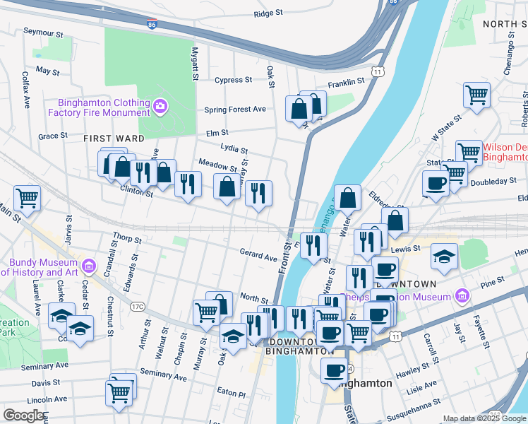 map of restaurants, bars, coffee shops, grocery stores, and more near 179 Oak Street in Binghamton