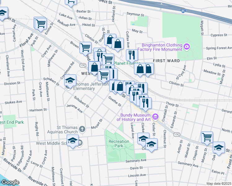 map of restaurants, bars, coffee shops, grocery stores, and more near 204 Main Street in Binghamton