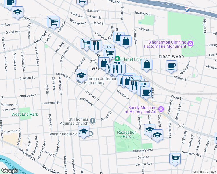 map of restaurants, bars, coffee shops, grocery stores, and more near 43 Orton Avenue in Binghamton