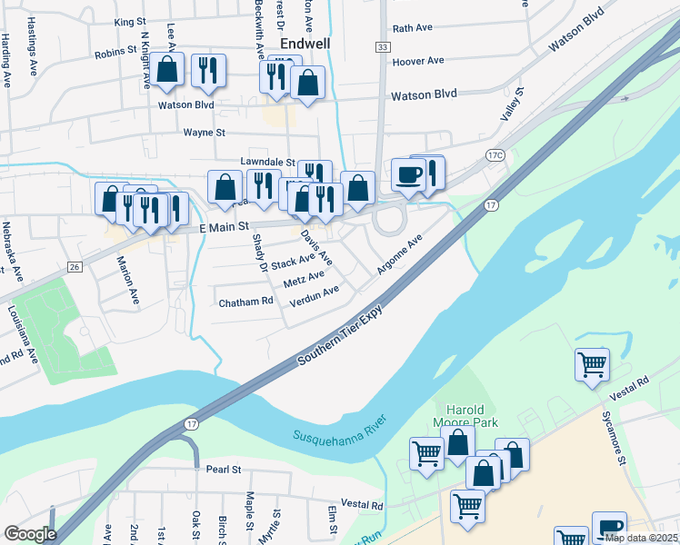 map of restaurants, bars, coffee shops, grocery stores, and more near 1506 Davis Ave in Endicott