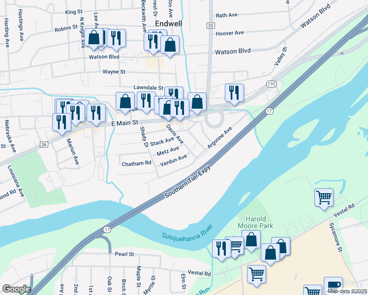 map of restaurants, bars, coffee shops, grocery stores, and more near 1506 Davis Ave in Endicott
