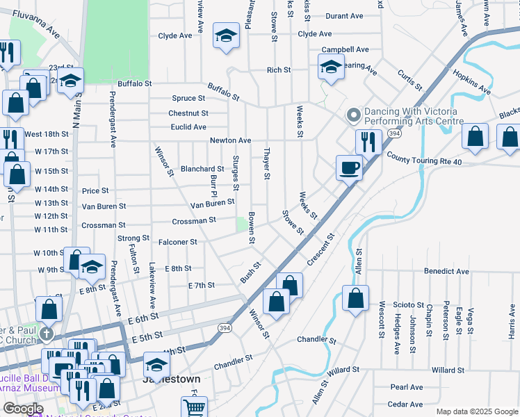 map of restaurants, bars, coffee shops, grocery stores, and more near 1 Dover Street in Jamestown