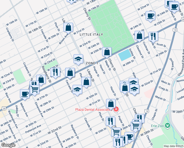 map of restaurants, bars, coffee shops, grocery stores, and more near 2631 Liberty Street in Erie