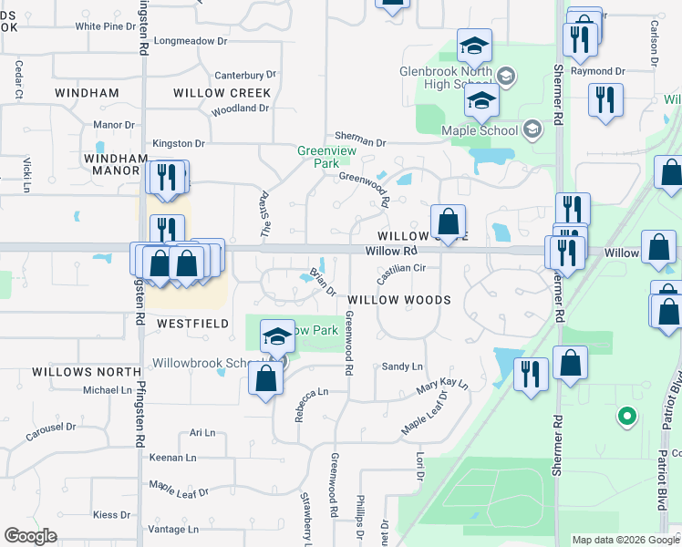 map of restaurants, bars, coffee shops, grocery stores, and more near 2420 Cobblewood Drive in Northbrook