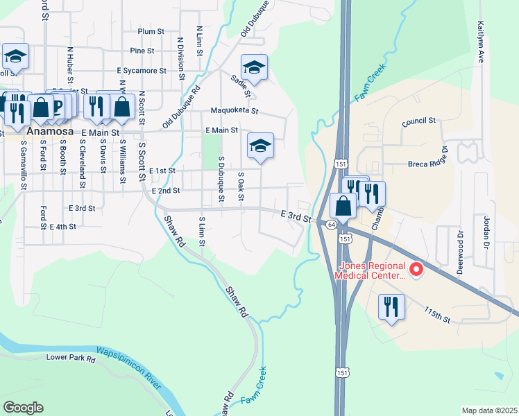 map of restaurants, bars, coffee shops, grocery stores, and more near 210 Hamilton Street in Anamosa