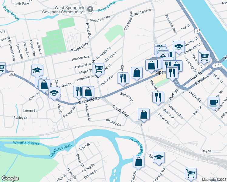 map of restaurants, bars, coffee shops, grocery stores, and more near 400 Westfield St in West Springfield