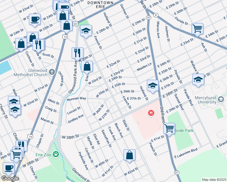 map of restaurants, bars, coffee shops, grocery stores, and more near 3535 State Street in Erie