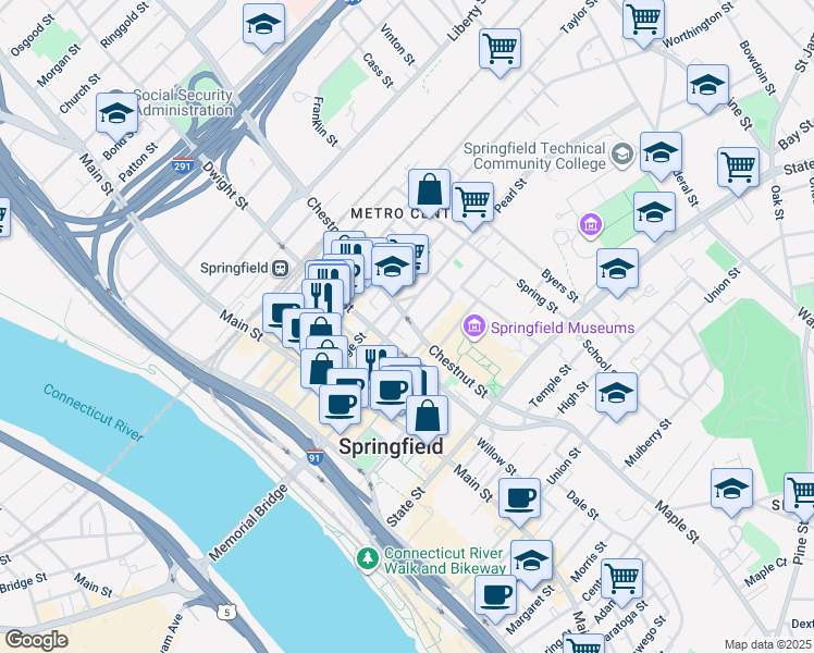 map of restaurants, bars, coffee shops, grocery stores, and more near 11 Mattoon Street in Springfield