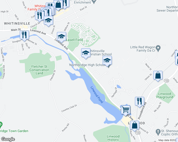 map of restaurants, bars, coffee shops, grocery stores, and more near 293 Linwood Avenue in Northbridge