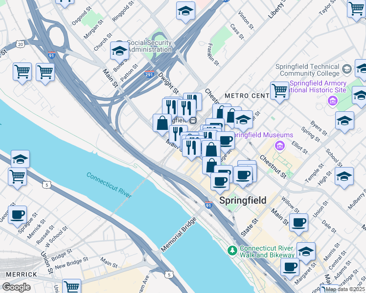map of restaurants, bars, coffee shops, grocery stores, and more near 11 Lyman Street in Springfield