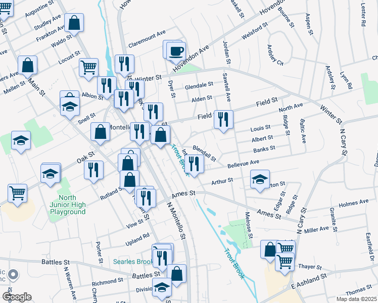 map of restaurants, bars, coffee shops, grocery stores, and more near 79 Intervale Street in Brockton