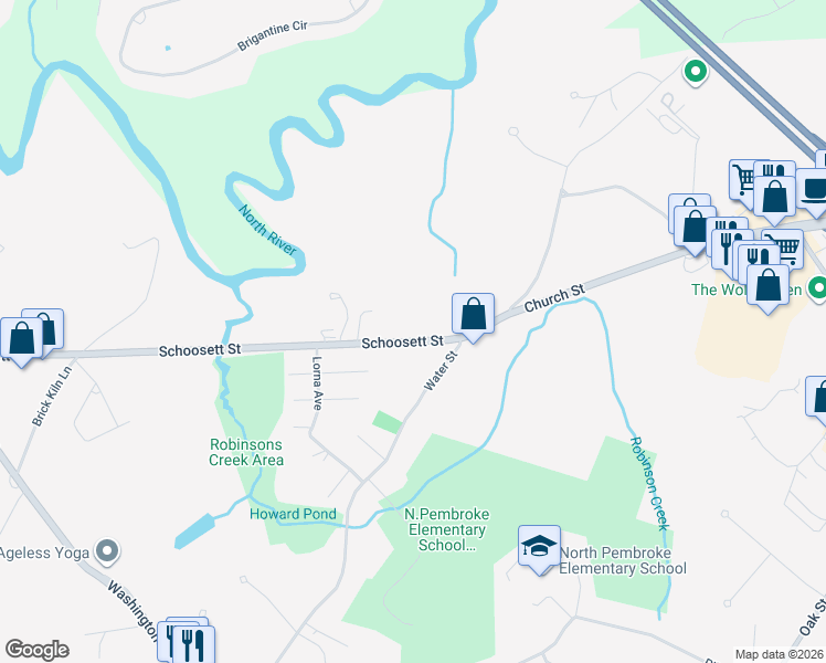 map of restaurants, bars, coffee shops, grocery stores, and more near 212 Schoosett Street in Pembroke