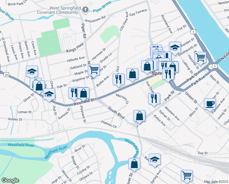 map of restaurants, bars, coffee shops, grocery stores, and more near 400 Westfield St in West Springfield
