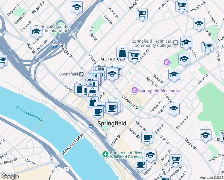 map of restaurants, bars, coffee shops, grocery stores, and more near 84 Hillman Street in Springfield
