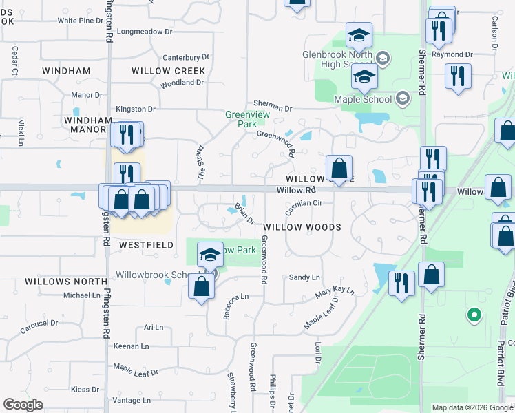 map of restaurants, bars, coffee shops, grocery stores, and more near 2420 Cobblewood Drive in Northbrook