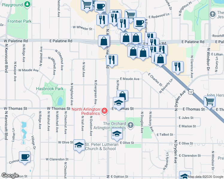 map of restaurants, bars, coffee shops, grocery stores, and more near 1533 North Arlington Heights Road in Arlington Heights