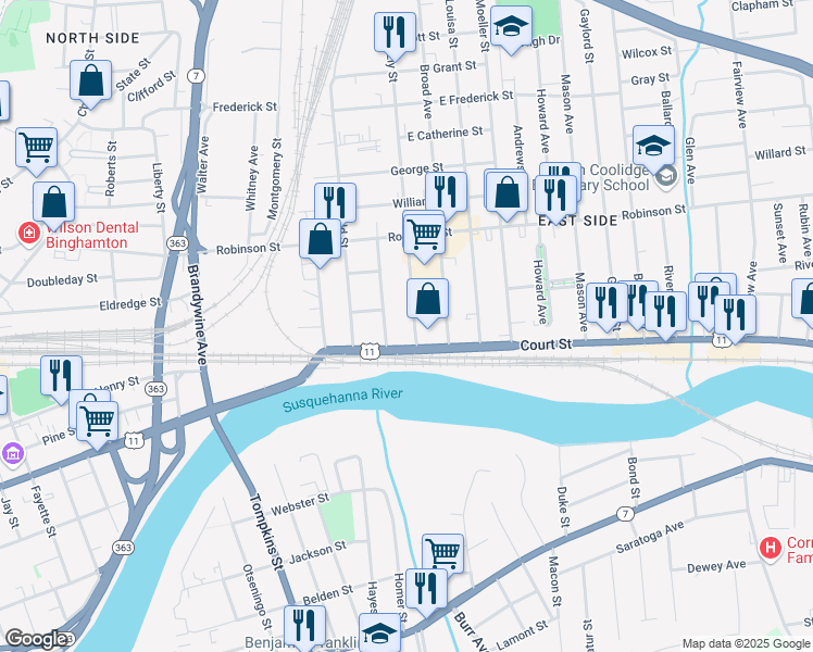 map of restaurants, bars, coffee shops, grocery stores, and more near 347 Court Street in Binghamton
