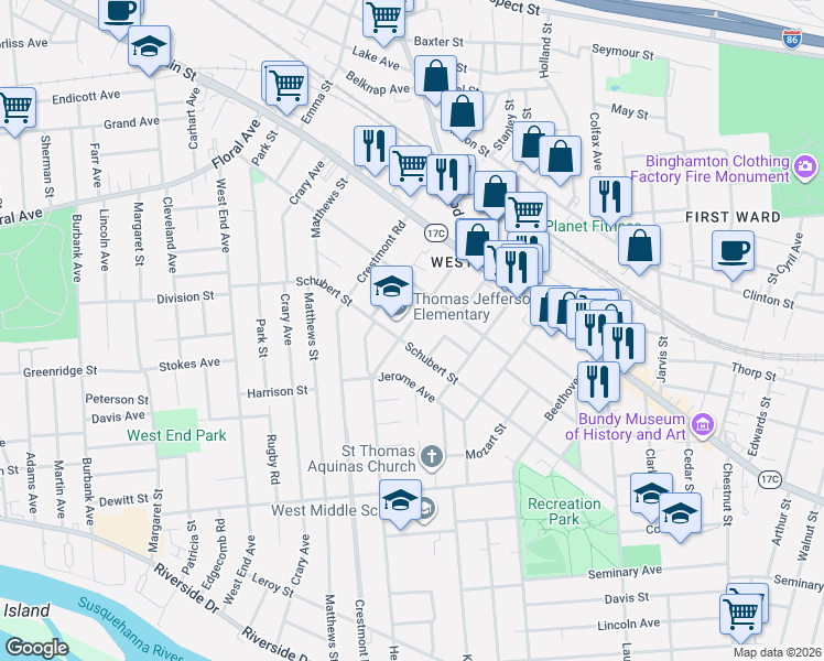 map of restaurants, bars, coffee shops, grocery stores, and more near 166 Helen Street in Binghamton