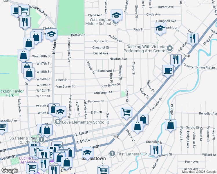 map of restaurants, bars, coffee shops, grocery stores, and more near 314 Van Buren Street in Jamestown