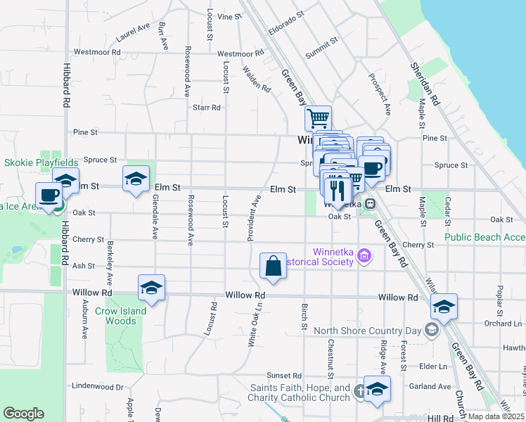 map of restaurants, bars, coffee shops, grocery stores, and more near 941 Oak Street in Winnetka