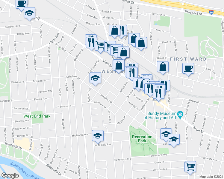 map of restaurants, bars, coffee shops, grocery stores, and more near 21 Grand Blvd in Binghamton