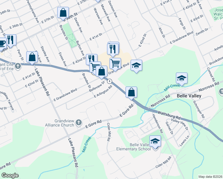 map of restaurants, bars, coffee shops, grocery stores, and more near 1265 E Arlington Rd in Erie