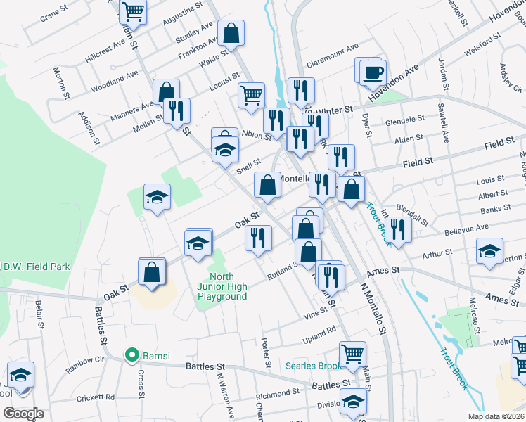 map of restaurants, bars, coffee shops, grocery stores, and more near 4 Oak Street in Brockton