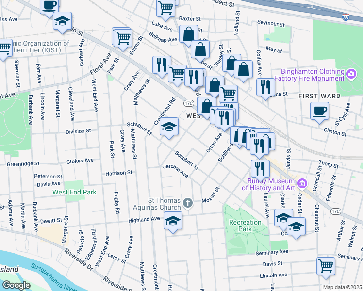map of restaurants, bars, coffee shops, grocery stores, and more near 166 Helen St in Binghamton