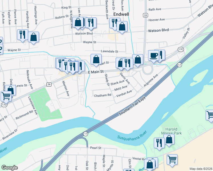 map of restaurants, bars, coffee shops, grocery stores, and more near 502 Shady Dr in Endicott