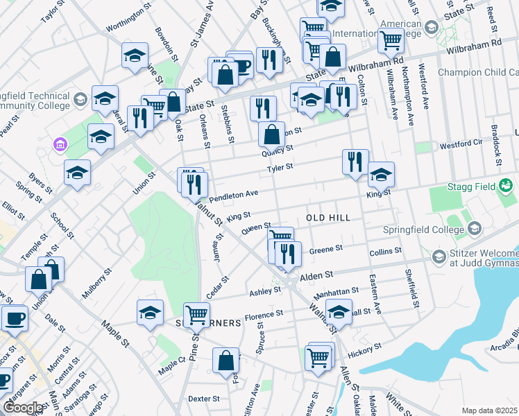 map of restaurants, bars, coffee shops, grocery stores, and more near 68 King Street in Springfield