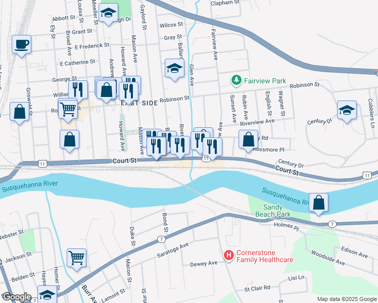 map of restaurants, bars, coffee shops, grocery stores, and more near 4 Riverside Street in Binghamton