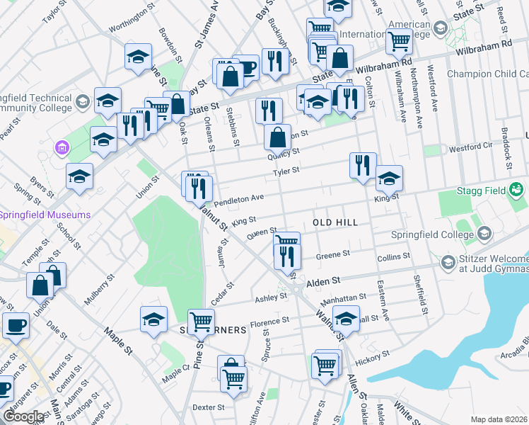 map of restaurants, bars, coffee shops, grocery stores, and more near 68 King Street in Springfield