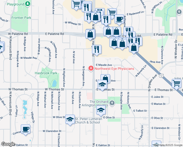 map of restaurants, bars, coffee shops, grocery stores, and more near 1560 North Arlington Heights Road in Arlington Heights