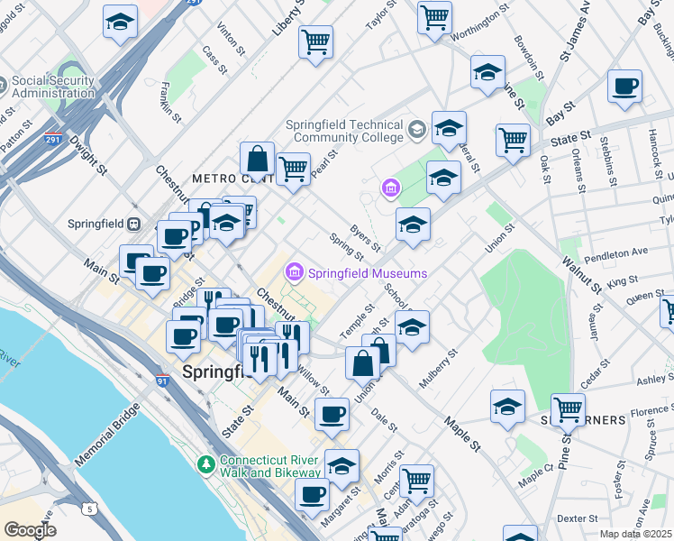 map of restaurants, bars, coffee shops, grocery stores, and more near 300 State Street in Springfield